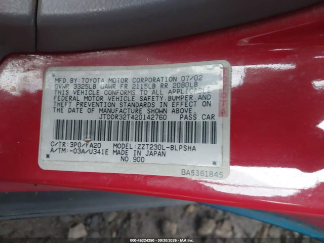 2002 Toyota Celica Gt მანქანა იყიდება აუქციონზე, vin: JTDDR32T420142760, აუქციონის ნომერი: 46224250