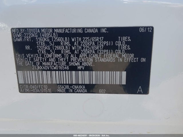 Продаж на аукціоні авто 2012 Toyota Rav4 Base V6, vin: 2T3KK4DV1CW016546, номер лоту: 46224251