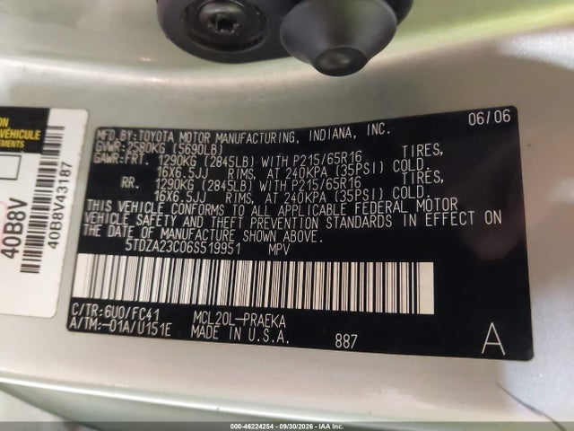 Aukcja sprzedaży 2006 Toyota Sienna Le, vin: 5TDZA23C06S519951, numer aukcji: 46224254
