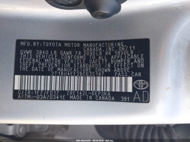 2011 Toyota Corolla S მანქანა იყიდება აუქციონზე, vin: 2T1BU4EE2BC635187, აუქციონის ნომერი: 46224258