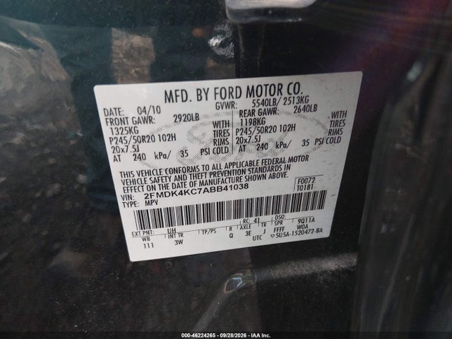 Продаж на аукціоні авто 2010 Ford Edge Limited, vin: 2FMDK4KC7ABB41038, номер лоту: 46224265