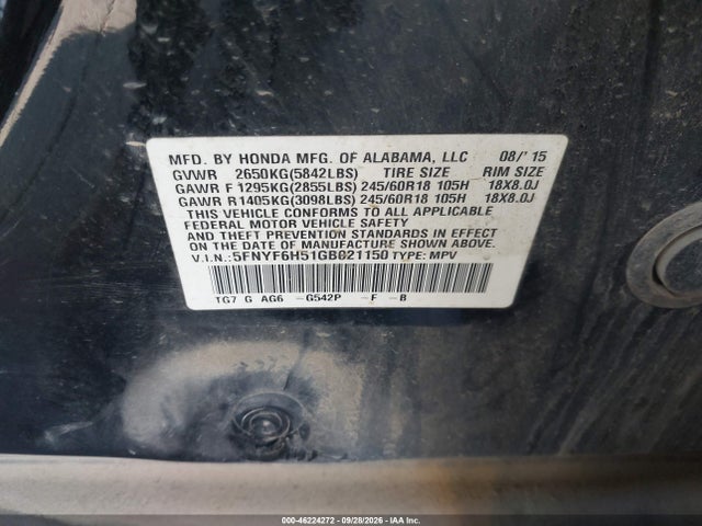 Aukcja sprzedaży 2016 Honda Pilot Ex-l, vin: 5FNYF6H51GB021150, numer aukcji: 46224272