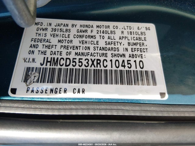 46224301 :رقم المزاد ، JHMCD553XRC104510 vin ، 1994 Honda Accord Lx مزاد بيع