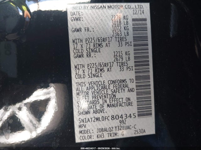 46224317 :رقم المزاد ، 5N1AT2ML0FC804345 vin ، 2015 Nissan Rogue Sv مزاد بيع