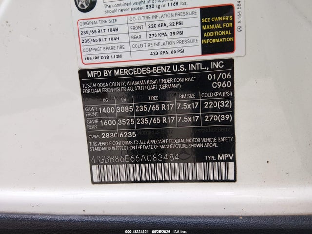 46224321 :رقم المزاد ، 4JGBB86E66A083484 vin ، 2006 Mercedes-benz Ml 350 4matic مزاد بيع