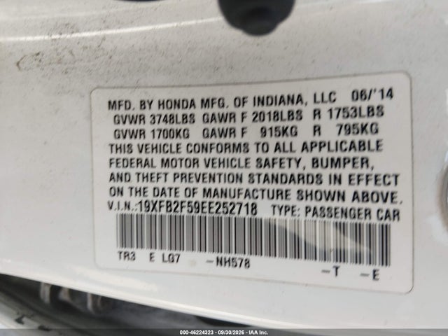 46224323 :رقم المزاد ، 19XFB2F59EE252718 vin ، 2014 Honda Civic Lx مزاد بيع