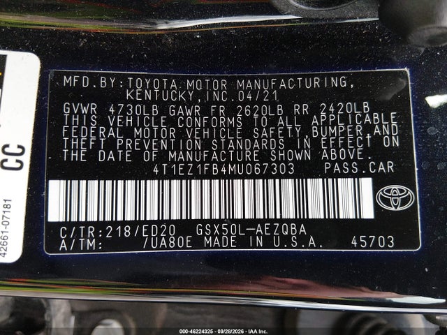46224325 :رقم المزاد ، 4T1EZ1FB4MU067303 vin ، 2021 Toyota Avalon Xse Nightshade مزاد بيع