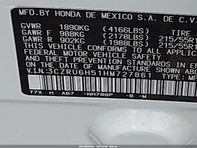 46224332 :رقم المزاد ، 3CZRU6H51HM727861 vin ، 2017 Honda Hr-v Ex مزاد بيع