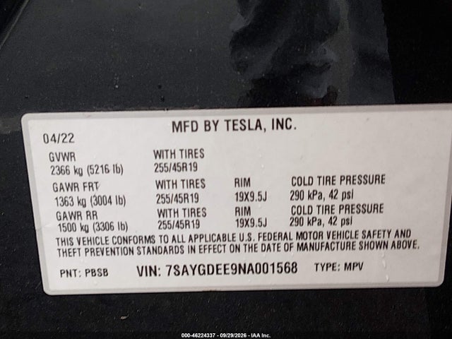 7SAYGDEE9NA001568 Tesla Model Y Long Range