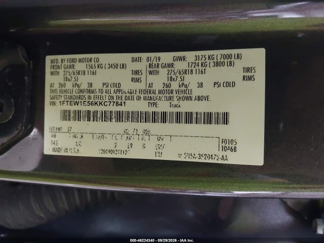 2019 Ford F-150 Xlt მანქანა იყიდება აუქციონზე, vin: 1FTEW1E56KKC77841, აუქციონის ნომერი: 46224340