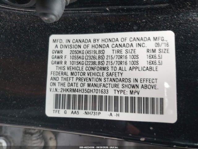 Aukcja sprzedaży 2016 Honda Cr-v Lx, vin: 2HKRM4H35GH701633, numer aukcji: 46224356