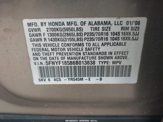Продажа на аукционе авто 2006 Honda Pilot Ex-l, vin: 5FNYF18586B013838, номер лота: 46224370