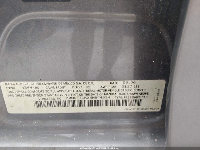 Aukcja sprzedaży 2006 Volkswagen Jetta 2.5, vin: 3VWSF71KX6M844534, numer aukcji: 46224375