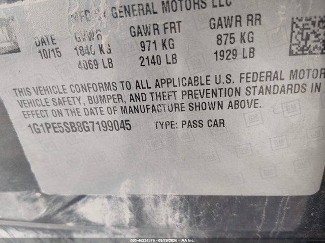 46224376 :رقم المزاد ، 1G1PE5SB8G7199045 vin ، 2016 Chevrolet Cruze Limited 1lt Auto مزاد بيع