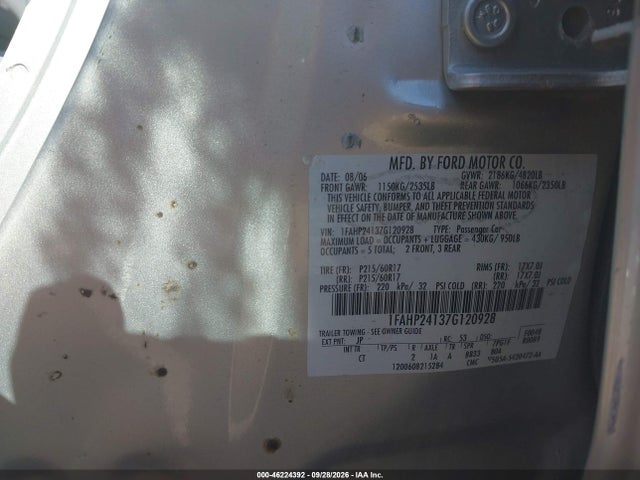 46224392 :رقم المزاد ، 1FAHP24137G120928 vin ، 2007 Ford Five Hundred Sel مزاد بيع