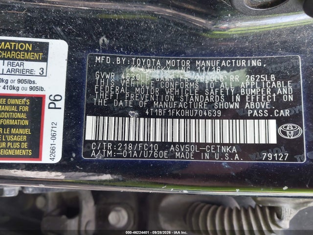 Aukcja sprzedaży 2017 Toyota Camry Le, vin: 4T1BF1FK0HU704639, numer aukcji: 46224401