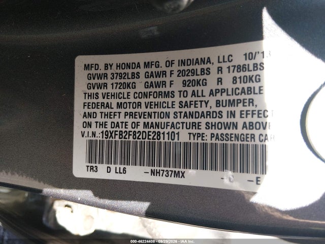 2013 Honda Civic Ex მანქანა იყიდება აუქციონზე, vin: 19XFB2F82DE281101, აუქციონის ნომერი: 46224408