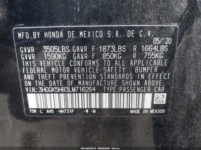 2020 Honda Fit Ex მანქანა იყიდება აუქციონზე, vin: 3HGGK5H83LM716264, აუქციონის ნომერი: 46224419