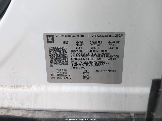 Auction sale of the 2020 Chevrolet Equinox Awd 2fl, vin: 3GNAXTEV5LS526022, lot number: 46224426