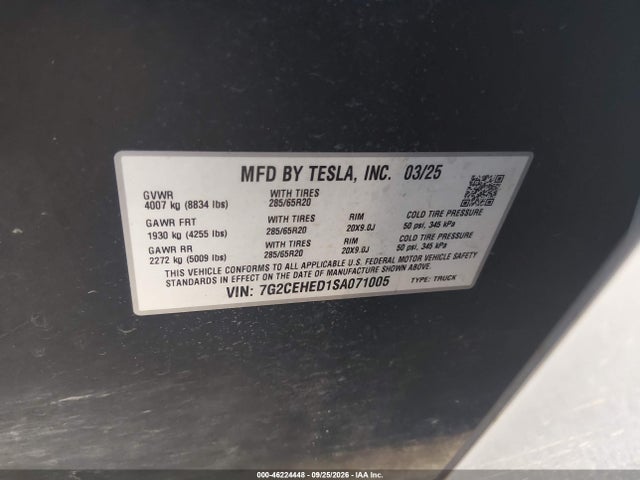 Aukcja sprzedaży 2025 Tesla Cybertruck All-wheel Drive, vin: 7G2CEHED1SA071005, numer aukcji: 46224448