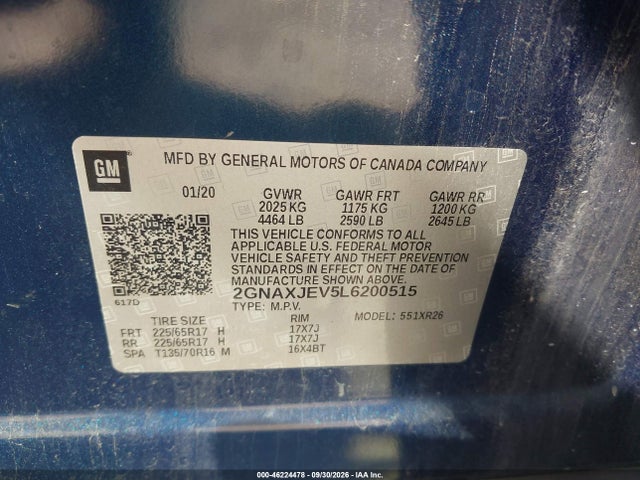 46224478 :رقم المزاد ، 2GNAXJEV5L6200515 vin ، 2020 Chevrolet Equinox Fwd 2fl مزاد بيع