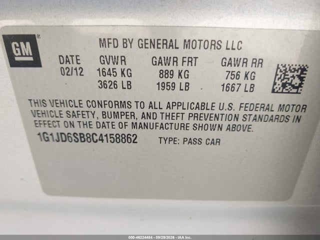 2012 Chevrolet Sonic 1lt მანქანა იყიდება აუქციონზე, vin: 1G1JD6SB8C4158862, აუქციონის ნომერი: 46224484