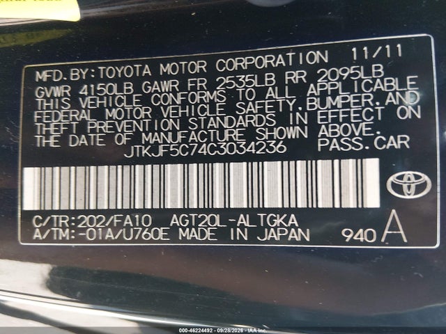 2012 Scion Tc მანქანა იყიდება აუქციონზე, vin: JTKJF5C74C3034236, აუქციონის ნომერი: 46224492