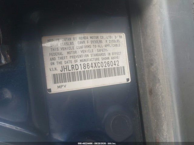 Aukcja sprzedaży 1999 Honda Cr-v Ex, vin: JHLRD1864XC026042, numer aukcji: 46224498