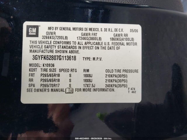 2007 Cadillac Escalade Ext Standard მანქანა იყიდება აუქციონზე, vin: 3GYFK62807G113618, აუქციონის ნომერი: 46224503