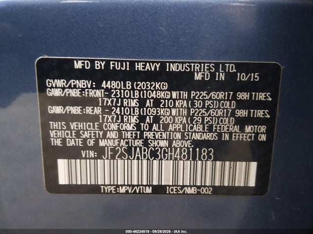 2016 Subaru Forester 2.5i მანქანა იყიდება აუქციონზე, vin: JF2SJABC3GH481183, აუქციონის ნომერი: 46224519