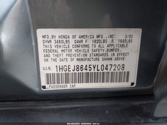 46224538 :رقم المزاد ، 1HGEJ8645YL047208 vin ، 2000 Honda Civic Ex مزاد بيع