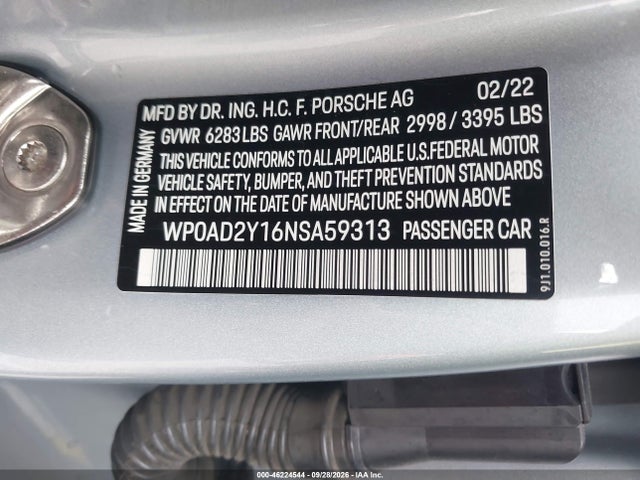 2022 Porsche Taycan Gts მანქანა იყიდება აუქციონზე, vin: WP0AD2Y16NSA59313, აუქციონის ნომერი: 46224544