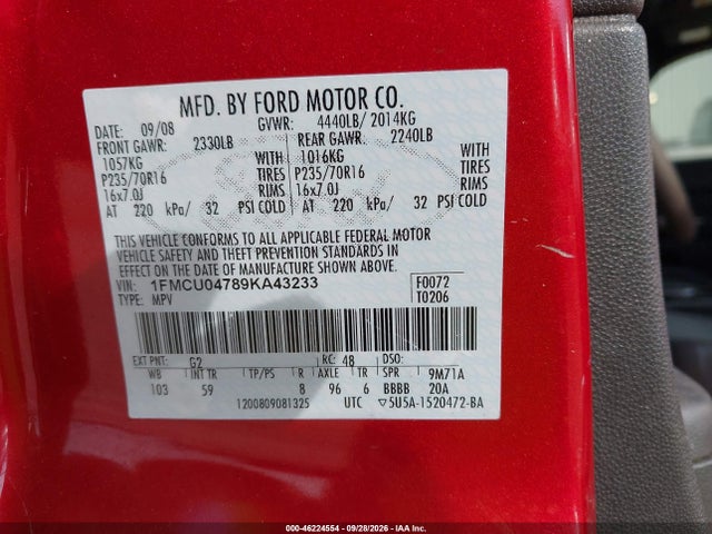 Продажа на аукционе авто 2009 Ford Escape Limited, vin: 1FMCU04789KA43233, номер лота: 46224554