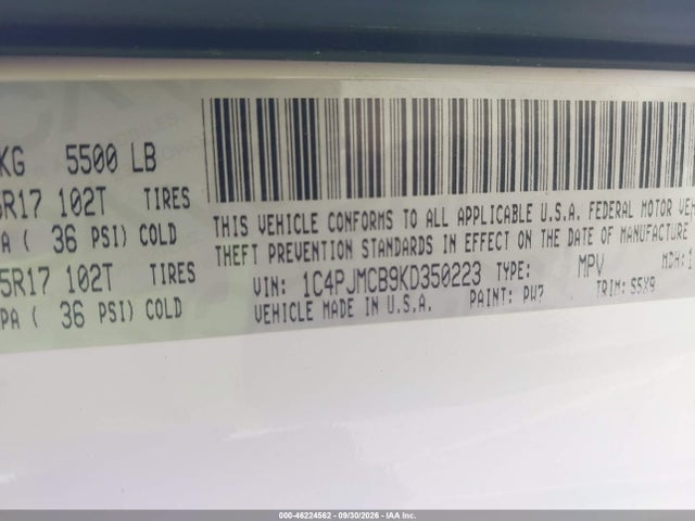 Auction sale of the 2019 Jeep Cherokee Latitude 4x4, vin: 1C4PJMCB9KD350223, lot number: 46224562