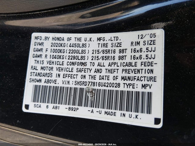 Продаж на аукціоні авто 2006 Honda Cr-v Ex, vin: SHSRD77816U420028, номер лоту: 46224568