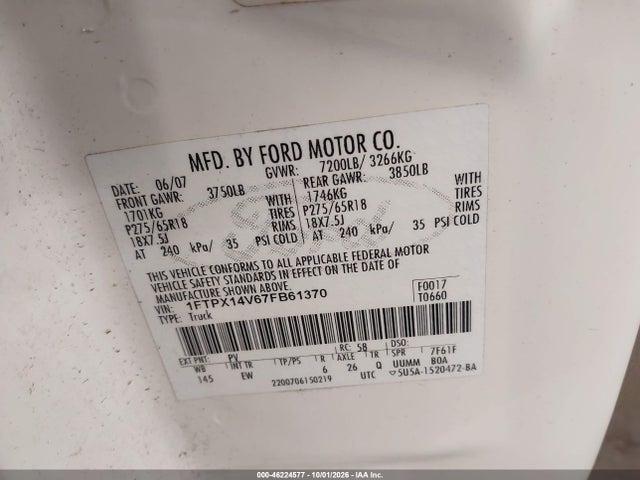 46224577 :رقم المزاد ، 1FTPX14V67FB61370 vin ، 2007 Ford F-150 Fx4/lariat/xl/xlt مزاد بيع
