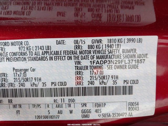 2015 Ford Focus Titanium მანქანა იყიდება აუქციონზე, vin: 1FADP3N29FL371857, აუქციონის ნომერი: 46224585