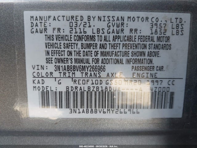 Продажа на аукционе авто 2021 Nissan Sentra S Xtronic Cvt, vin: 3N1AB8BV6MY266966, номер лота: 46224595