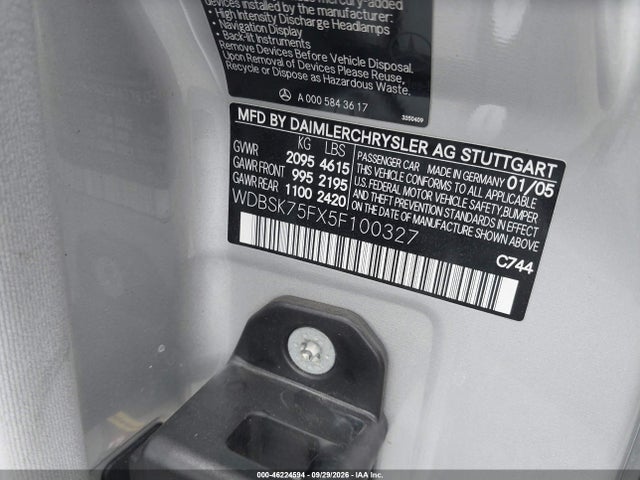 46224594 :رقم المزاد ، WDBSK75FX5F100327 vin ، 2005 Mercedes-benz Sl 500 مزاد بيع