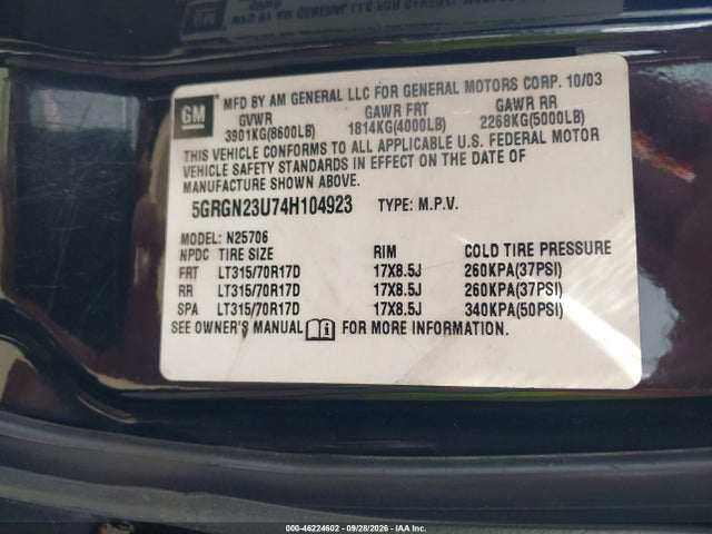 Продажа на аукционе авто 2004 Hummer H2, vin: 5GRGN23U74H104923, номер лота: 46224602