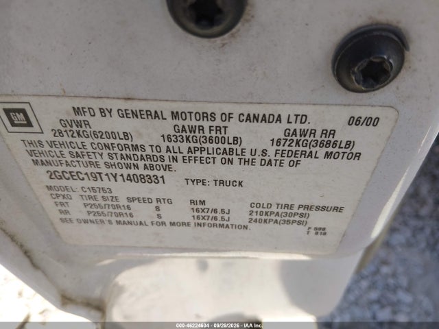 46224604 :رقم المزاد ، 2GCEC19T1Y1408331 vin ، 2000 Chevrolet Silverado 1500 Ls مزاد بيع