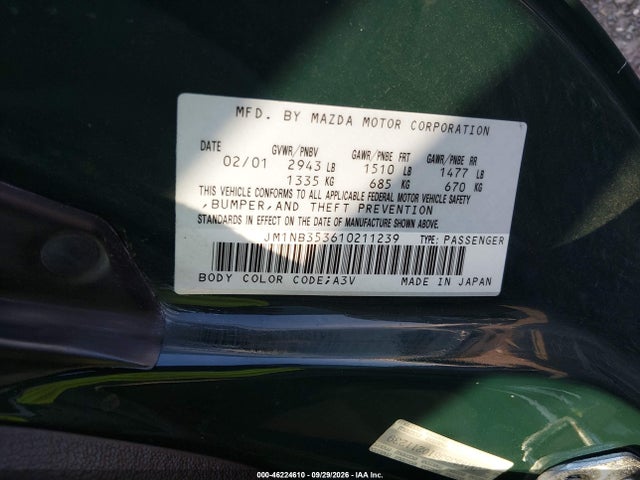 Aukcja sprzedaży 2001 Mazda Mx-5 Miata Ls/special Edition, vin: JM1NB353610211239, numer aukcji: 46224610