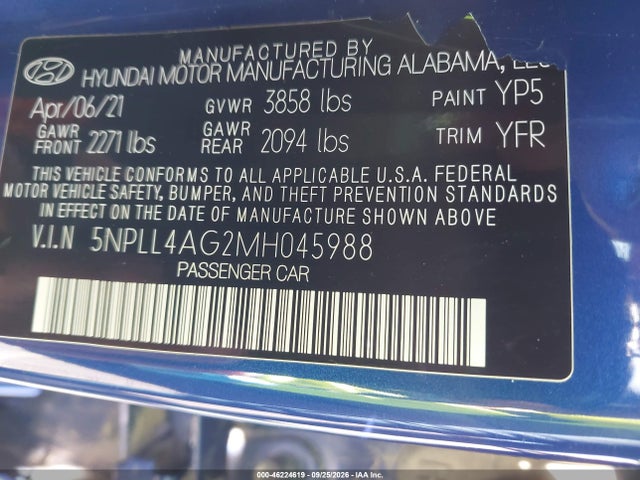 46224619 :رقم المزاد ، 5NPLL4AG2MH045988 vin ، 2021 Hyundai Elantra Se مزاد بيع