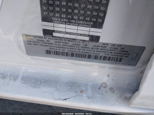 Aukcja sprzedaży 2010 Volkswagen Jetta S, vin: 3VWJZ7AJ6AM017259, numer aukcji: 46224629