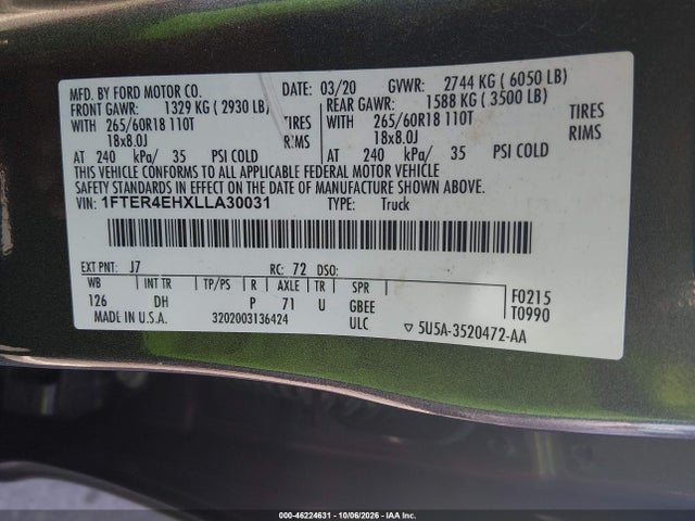 Ford Ranger Lariat 2020 1FTER4EHXLLA30031 Image 9