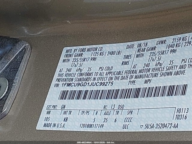 46224644 :رقم المزاد ، 1FMCU9GD1JUC99275 vin ، 2018 Ford Escape Se مزاد بيع