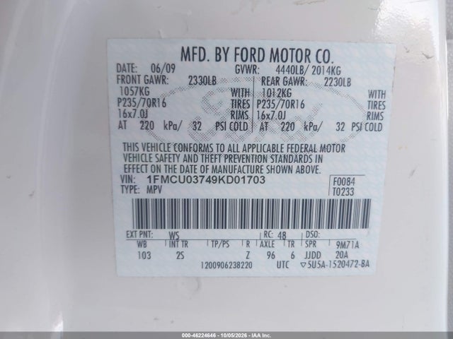46224646 :رقم المزاد ، 1FMCU03749KD01703 vin ، 2009 Ford Escape Xlt مزاد بيع