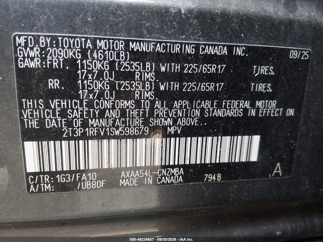 2025 Toyota Rav4 Xle მანქანა იყიდება აუქციონზე, vin: 2T3P1RFV1SW598679, აუქციონის ნომერი: 46224657