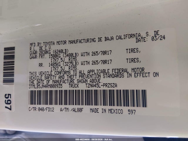 46224658 :رقم المزاد ، 3TMLB5JN4RM008935 vin ، 2024 Toyota Tacoma Trd Off Road مزاد بيع