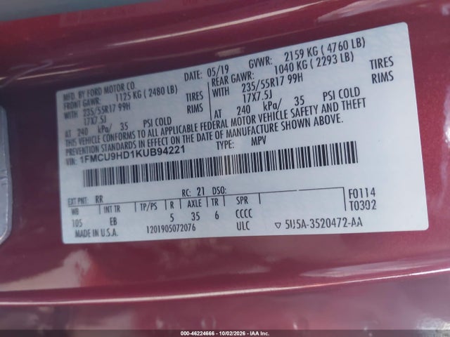 Продаж на аукціоні авто 2019 Ford Escape Sel, vin: 1FMCU9HD1KUB94221, номер лоту: 46224666